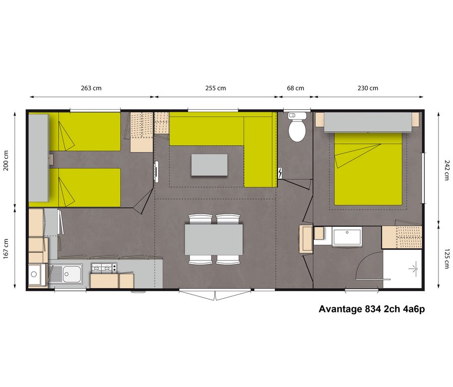 Plan Mobile-home Avantage® Climatisé 2 chambres 4/6 personnes