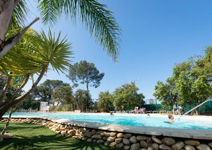 En camping, parc aquatique avec des palmiers comme à Hyères