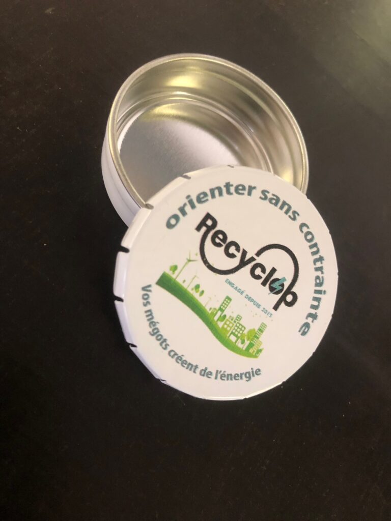 Recyclop ashtray for our campers' cigarette butts. Special ashtray for cigarette butts destined for recycling.